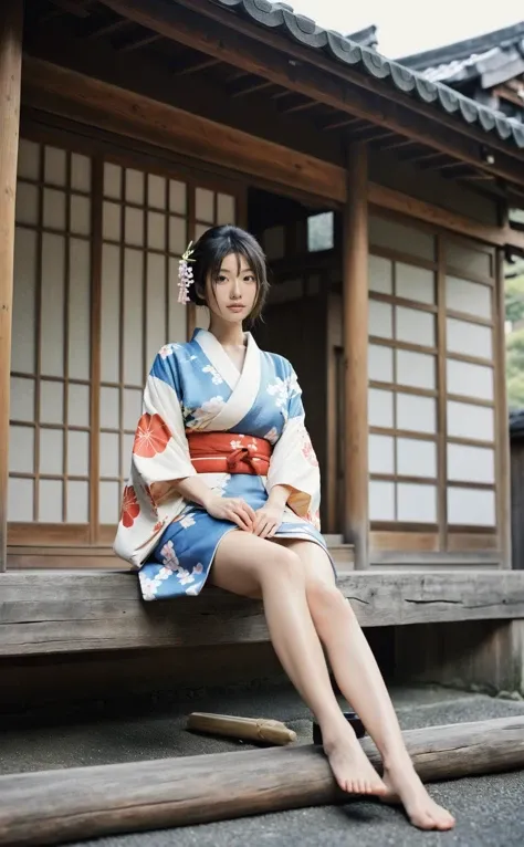 nsfw,best quality,masterpiece,ultra high res,(photorealistic:1.3),8K,raw photo,1girl,wearing kimono,outdoors,kimono Japanese house,old japanese town,from below,sitting on wood,holding katana,katana,natural skin texture,skin pores,natural skin texture,dynamic pose,film grain,