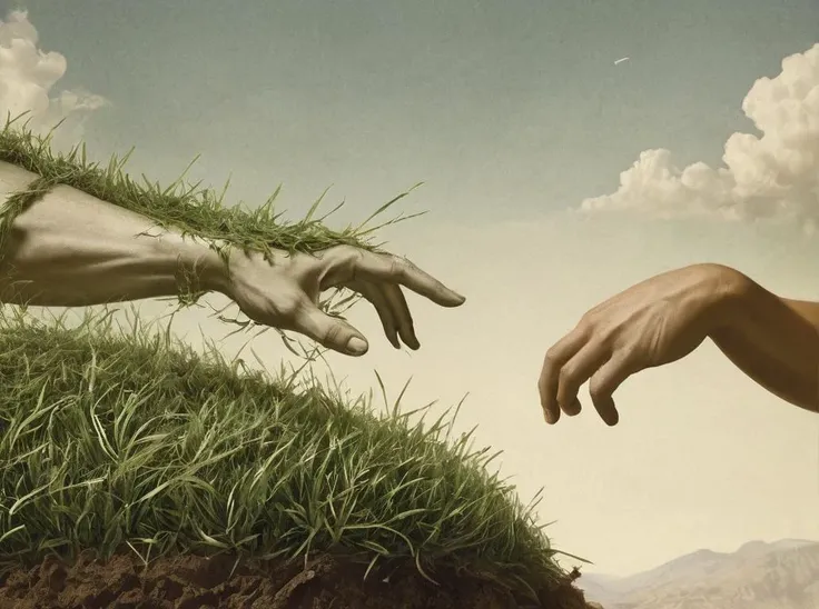 Michelangelos "The Creation of Adam", a hand made out of grass is , touching another hand made of fearful social-media user, masterpiece, unimaginable, divine, depiction of something that would never happen, legend