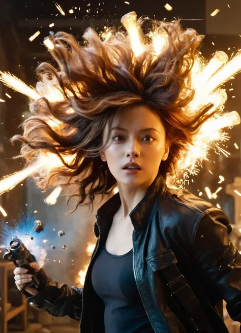 epic cinematic shot of dynamic a woman with elaborate hair is surrounded by objects exploded in motion. main subject of high budget action movie. raw photo, motion blur. best quality, high resolution