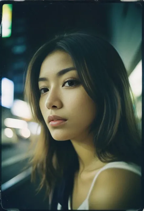 a 22yo thai woman, (beautiful face,exquisite face,skin texture:1.2), (ultra-wide angle:1.3), half body portrait from side, watching window, (masterpiece,best quality,ultra high res:1.2),(photo-realistic:1.3),tokyo street, night, dark mood, polaroid color sx-70 instant analog film, faded, blurry, motion blur, ((grainy))