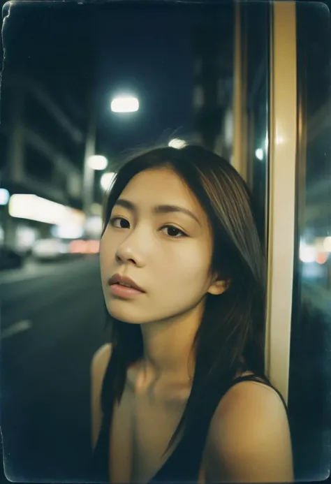 a 22yo thai woman, (beautiful face,exquisite face,skin texture:1.2), (ultra-wide angle:1.3), half body portrait from side, watching window, (masterpiece,best quality,ultra high res:1.2),(photo-realistic:1.3),tokyo street, night, dark mood, polaroid color sx-70 instant analog film, faded, blurry, motion blur, ((grainy))