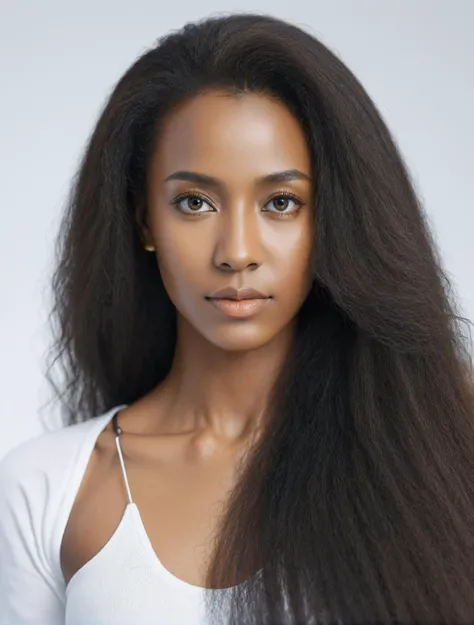 leogirl, Ultra-realistic 8k CG, masterpiece,best quality, (photorealistic:1.4), (EOS R8,50mm, F1.2, 8K, RAW portrait photo:1.2), HDR, Professional, a Jamaican woman, Straight long hair,  perfect eyes, white background