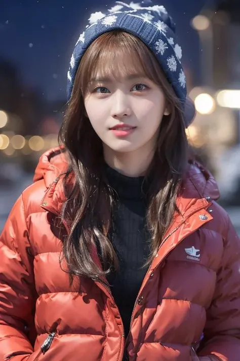 mature body, masterpiece, best quality, ultra-detailed, ultra high res, (photorealistic:1.4), raw photo, (realistic:0.2), CG, {4k|8k} HDR, perfect lighting, 1girl, solo, looking at viewer, (winter clothes, padded jacket), outdoor, (snow, snowflakes), night, aurora sky, upper body, asymmetrical wavy long hair, (detailed oily skin, medium breasts:1), (detailed background :1.1), hands in pocket,