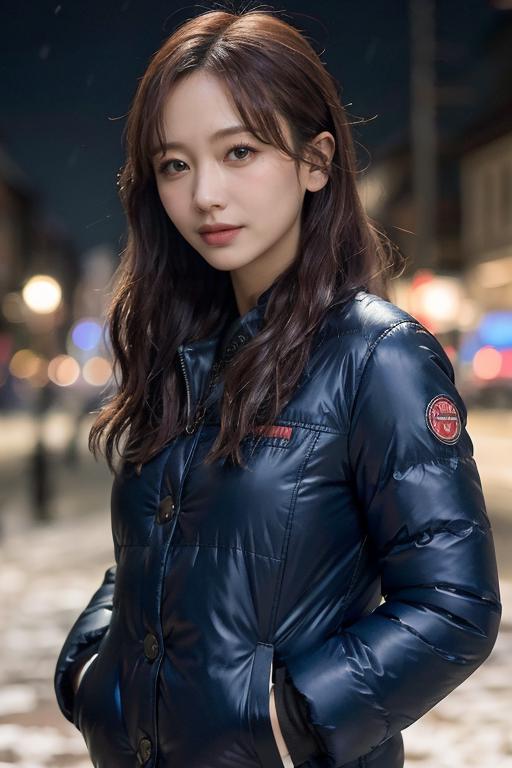 A woman in a blue jacket standing on a street at night - SeaArt AI