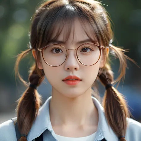 (best quality:1.4),(ultra highres:1.2),(photorealistic:1.4),(8k, RAW photo:1.2),(portrait shot:1.3),pinomyim,1girl,solo,aestus estus,ä¸æ¹å¥³æ§,at viewer,bangs,brown hair,upper body,outdoors,blurry background,realistic,glasses,round eyewear,ponytail,realistic,long hair,Perfect Hands,<lora:neg4all_bdsqlsz_xl_V7:0.8>,<lora:Perfect Hands v2:0.8>,<lora:pinomyim-000050:0.5>,