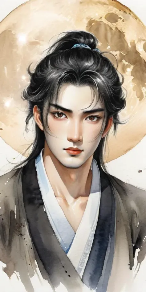 (full body)(best detailed man),(1boy),(black hair),(solo),((extremely detailed)),((detailed face)),((((ink painting)))),illustration,((Chinese ink painting)),(((masterpiece))),(((best quality))),((((Ink dyeing)))),(((Watercolor))),((Chinese Brush Painting)),(((extremely delicate and handsome wataru)))),ultra-detailed,(((beautiful detailed eyes))),(Chinese style),white long upper shan,((red ink)),serious,staring at moon,ink background,long hair,beautiful detailed eyes,beautiful detailed hair,gloden petals,(((soaked))),((((floating hair)))),(((The character is in the center of the frame))),(((flowing))),long