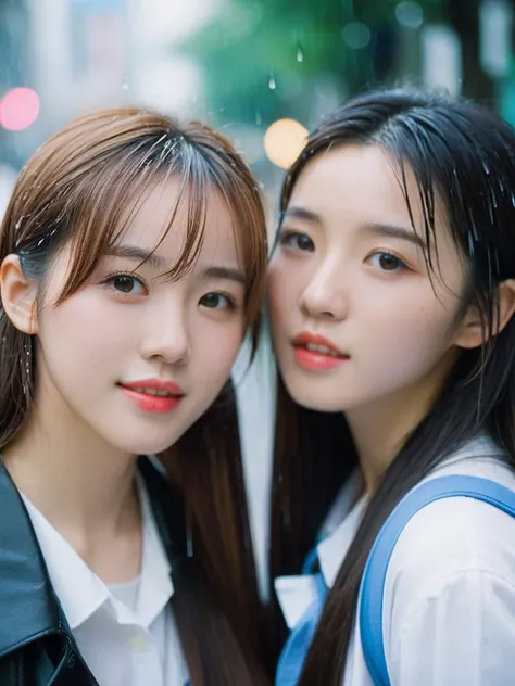 film grain,letterboxed, blurry, depth_of_field, 2girls, cheek to cheek,bokeh,  long_hair, looking_at_viewer, (rain:1.0),korean idol,Seoul streets,student,masterpiece, best quality