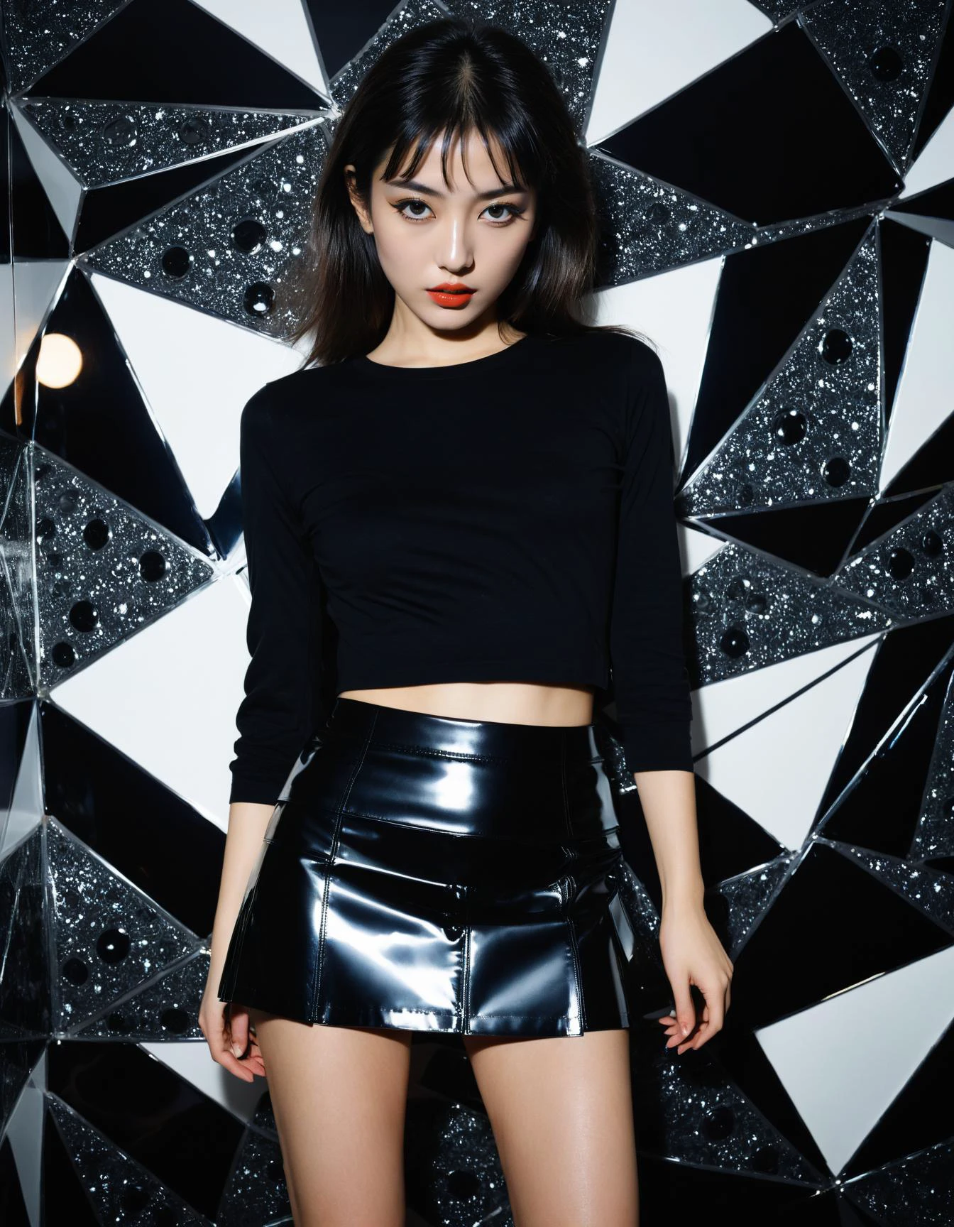 professional monochrome photograph of a 18 year old fashion model by Daido Moriyama wearing vinyl miniskirt , bold lines, hyper detailed, dark limited palette, chiaroscuro, (intricate details, masterpiece, best quality:1.4), mesmerizing, luxurious futuristic bedroom backdrop, dynamic, dramatic, Futurism Art Style, dynamic pose, looking at viewer,
<lora:add-detail-xl:1> <lora:xl_more_art-full_v1:0.5> <lora:looking_at_viewer:2>