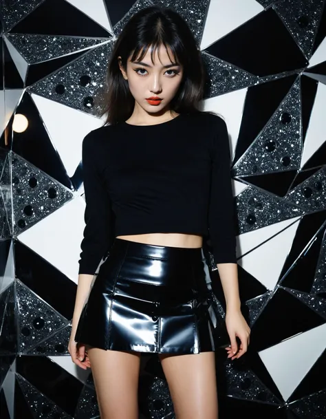 professional monochrome photograph of a 18 year old fashion model by  Daido Moriyama wearing vinyl miniskirt ,  bold lines, hyper detailed, dark limited palette, chiaroscuro,  (intricate details, masterpiece, best quality:1.4), mesmerizing,  luxurious futuristic bedroom backdrop, dynamic, dramatic, Futurism Art Style, dynamic pose, looking at viewer, 
<lora:add-detail-xl:1> <lora:xl_more_art-full_v1:0.5>  <lora:looking_at_viewer:2>