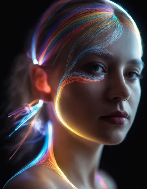 (realistic, photorealistic, photo-realistic:1), Luminogram portrait with fiber optic light painting, Light field photography, Light painting, Light tracing, portraits, bokeh, studio lighting, physically-based rendering, vivid colors, sharp focus, reverse vignette, ethereal glow, colorful, delicate details, soft shadows, luminescent strands, subtle highlights, ambient incandescent light, fantastical atmosphere, glowing figures, unconventional light sources, contrasting hues, fiber optic brushstrokes, hypnotic patterns, trail of lights, playful illumination