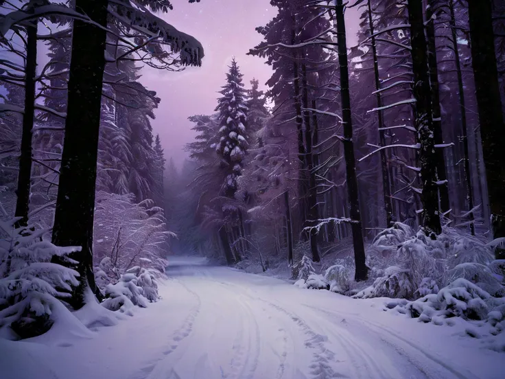 analog photography aesthetic, visual storytelling, dynamic composition, highly detailed, 8k, ultrarealistic, sharp focus,
the forest, dark frozen trees silhouette embraced by snow and ice, mauve, night, dark, a narrow winding dirt road disappearing into darkness,