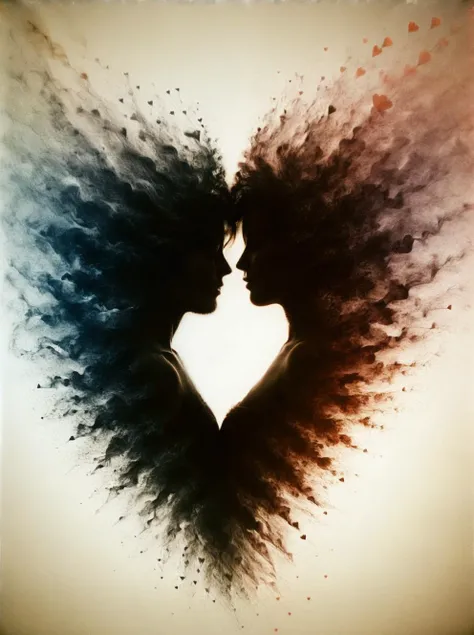 ral-dissolve, <lora:ral-dissolve-sdxl:1> , Silhouette of heart shape, A man and a woman, , film grain texture,