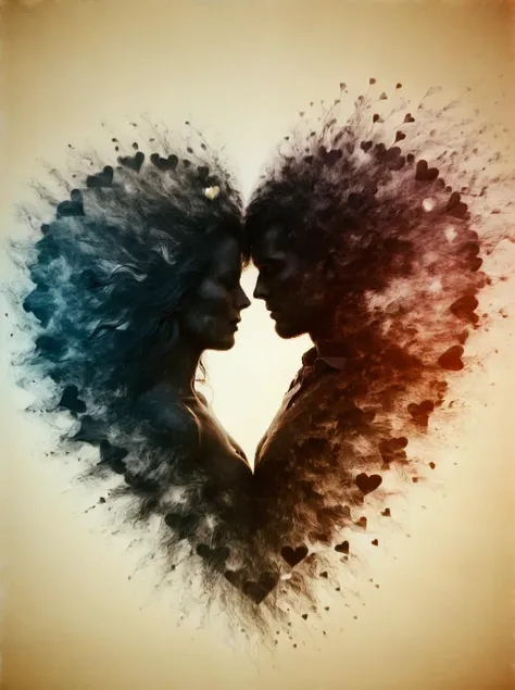 ral-dissolve, <lora:ral-dissolve-sdxl:1> , Silhouette of heart shape, A man and a woman, , film grain texture,