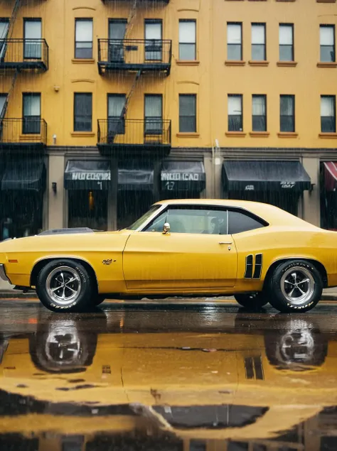 A yellow muscle car, rainy day, water, buildings background, cloudy day, film grain texture, highly detailed
