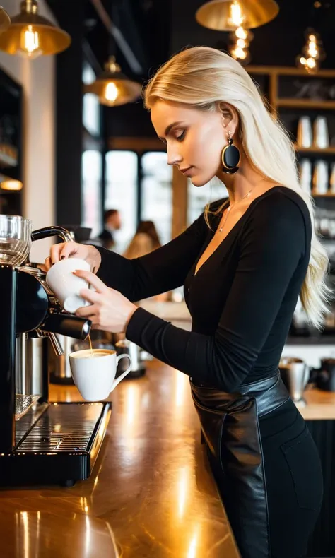 (raw, top quality),Coffee Shop, A young and beautiful blonde woman pouring coffee, ample chest, soft lighting, warm ambiance, earrings, urban and sophisticated woman, shining hair, sleek hairstyle, detailed and stylized