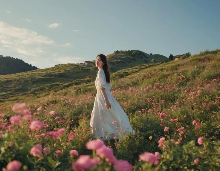 A full low angle, long shot of a girl, wearing a white blouse dress and running towards a house on top of the hill, filled with pink flowers, soft focus lens, kodak portra, masterpiece digital painting, exquisite lighting and composition, 8k, sharp, very detailed, high resolution, illustration, digital wallpaper, vibrant colors, epic composition, dramatic, very intricate, raytracing, realism lights, perfect composition, sunrise, golden hour, beautiful, ultra detailed, 8k, uhd, undamaged details, while rendering with natural light, sweeping camera angles, and intense emotional depth, cinematic background of a flower filled hill, (vivid colors):1.25, 800mm lens, wide angle lens, deep focus, detailed character expressions, analog film grain, bokeh effect on background , cinematic film still, shallow depth of field