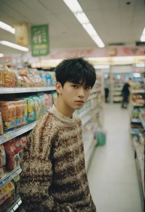 (masterpiece,best quality), photo of young teenager in Convenience stores, Chinese, handsome, cute, 18 y.o, bangs, spiked hair, sweaters, pants, film grain,analog photography aesthetic, cinematic film still, 8k hd, warm lighting, amazing composition, extremely detailed, wide shot, <lora:extremely_detailed:1>