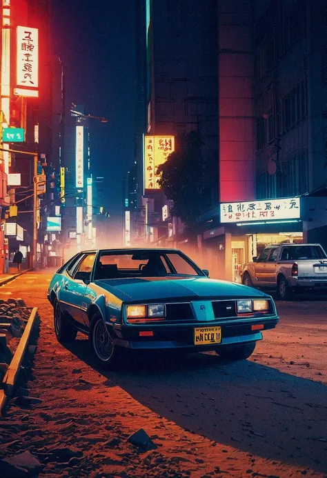 a car that is sitting in the dirt, cyberpunk art, by Beeple, unsplash contest winner, retrofuturism, knight rider, dusty abandoned shinjuku, cinematic back lit lighting, nostalgic, ghostrunner stylistic,  Diffraction Grading, elegant, kodachrome, ethereal, environmental opulence, chiaroscuro, movement of light, prolonged exposure, rich vibrant colors  embedding:OverallDetail,