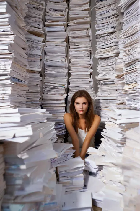 a strikingly beautiful young woman sits amidst a sea of paperwork, surrounded by towering stacks that cast long shadows across her face