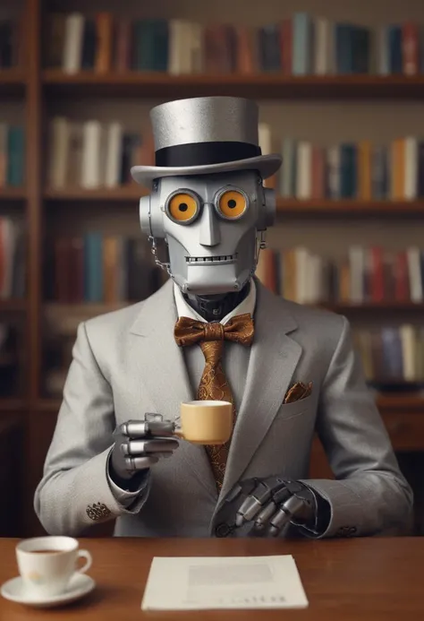 A sophisticated robot donning an ascot, sipping virtual tea with its mechanical fingers, medium: hyper-realistic digital art, style: a blend of Isaac Asimov's futurism and the elegance of an Agatha Christie novel, lighting: soft, ambient light to give the scene a cozy, intellectual atmosphere, colors: muted earth tones for the background, contrasting with the robot's metallic silver and the vibrant pattern of the ascot, composition: shot with a virtual Leica SL2-S, Vario-Elmarit-SL 24–70 f/2.8 ASPH lens, 16K resolution, ISO 100, f/4 aperture, 1/60 shutter speed, focus on the robot's "face" and ascot, depth-of-field to blur the bookshelf in the background