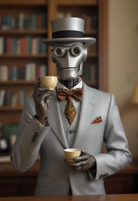 A sophisticated robot donning an ascot, sipping virtual tea with its mechanical fingers, medium: hyper-realistic digital art, style: a blend of Isaac Asimov's futurism and the elegance of an Agatha Christie novel, lighting: soft, ambient light to give the scene a cozy, intellectual atmosphere, colors: muted earth tones for the background, contrasting with the robot's metallic silver and the vibrant pattern of the ascot, composition: shot with a virtual Leica SL2-S, Vario-Elmarit-SL 24–70 f/2.8 ASPH lens, 16K resolution, ISO 100, f/4 aperture, 1/60 shutter speed, focus on the robot's "face" and ascot, depth-of-field to blur the bookshelf in the background