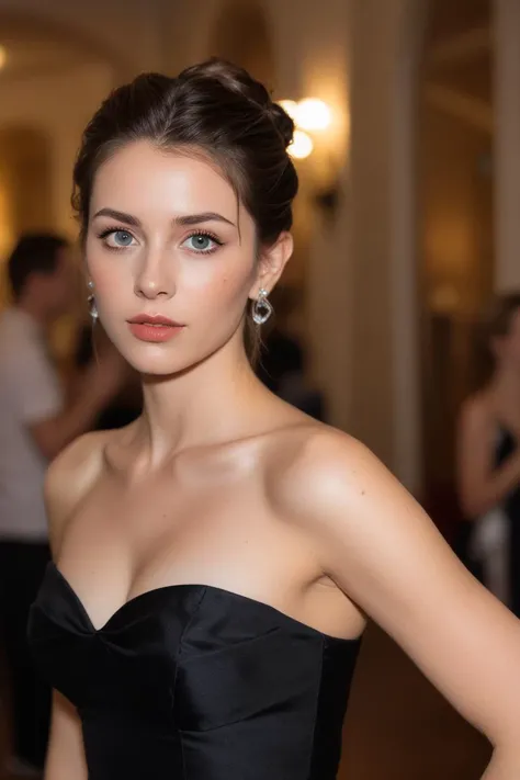 photo of a flirting perfect woman with longing eyes. She is in love and her eyes are deep. intense gaze. wearing a revealing skintight formal dress in a ballroom, formal updo hair