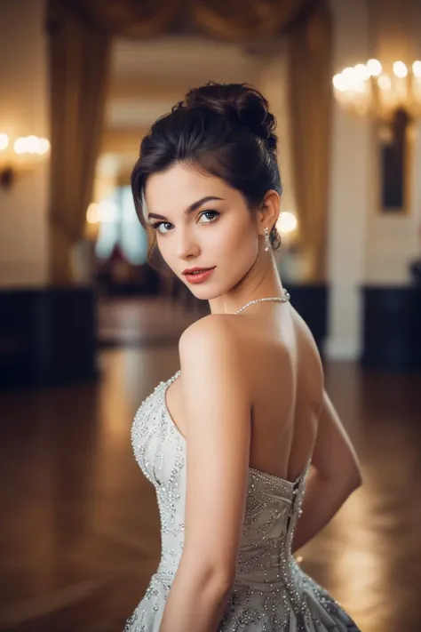 upper body photo of a gorgeous girl flirting with a seductive stare. wearing a scandalous dress in a ballroom, formal updo hair,