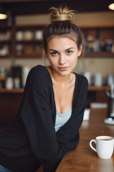 side photo of a gorgeous woman flirting with a seductive stare. leaning over wearing a lowcut sweatshirt, messy bun hair, in a coffee shop