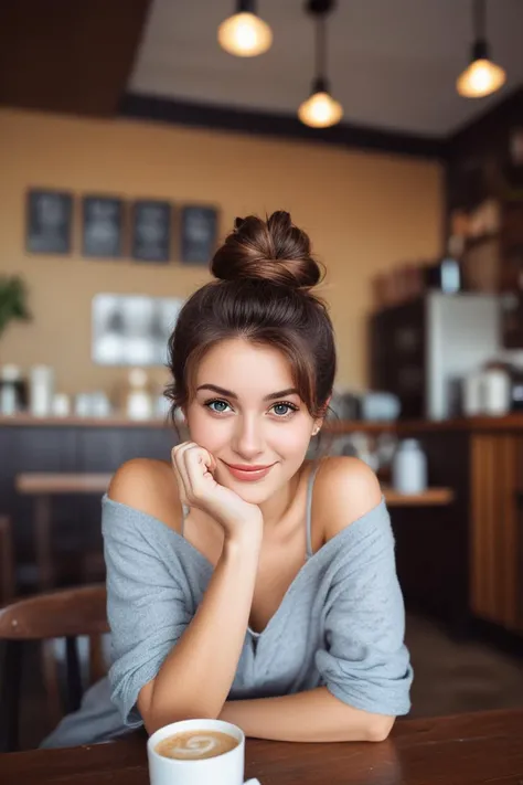 3photo of a gorgeous woman flirting with a seductive smirk, big cute eyes. at the table, messy bun hair, in a coffee shop