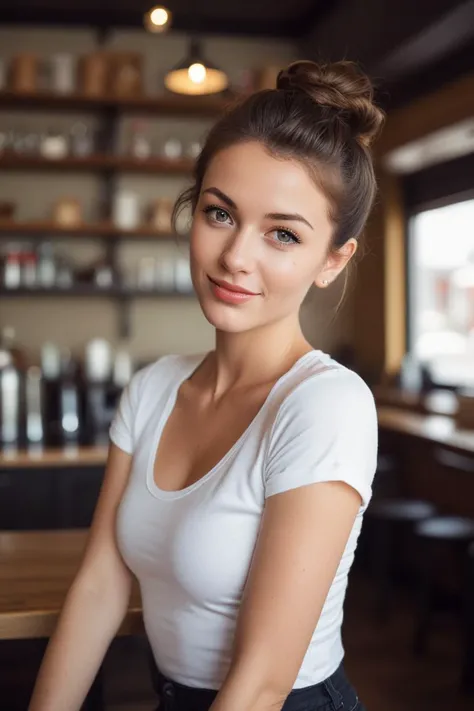 photo of a flirting perfect woman with deep eyes and a seductive smirk. wearing a revealing skintight tshirt in a coffee shop, formal updo hair, head tilted to the side