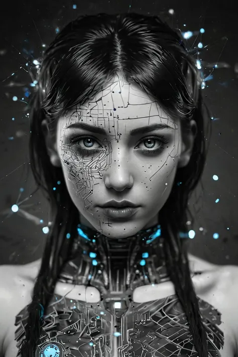 dataviz style,black and white network data visualization in the shape of a cyberpunk girl,masterpiece,hyper detailed,unreal engine,blue tones,stars