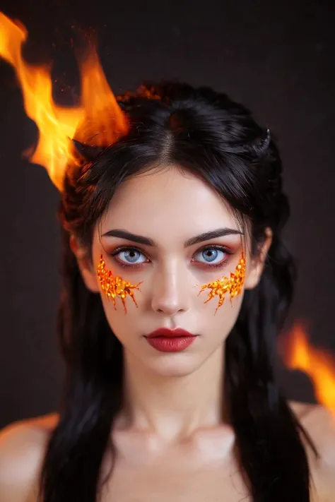 dark portrait of a face of a demon girl,(profile),flowing hair,black hair,demon horns,red lips,looking at viewer,slit pupils,red eyes,detailed iris,detailed eyes,((glowing eyes)),burn injury glowing red on her face,flaming eye,made of ([red and black]:1.3) colors,highly detailed,8k,sharp,professional,clear,high contrast,high saturated,vivid deep blacks,crystal clear,(focus eyes:1.5),(glowing flying ember on the background:1.3),simple background,blurry background,masterpiece,best quality
