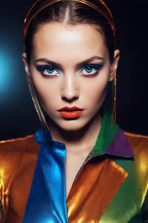 Fashion photography,young female model,avant-garde style,bold makeup,striking pose,intense gaze,colorful,creative wardrobe,metallic textures,futuristic fashion,close-up shot,vibrant contrasting colors,dramatic lighting