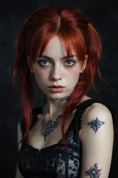 Ultra real photo of 18 years old Pippi Longstocking, mischievous eyes, long red messy and braided hair, sexy, sloppy look, short skirt, in dinamic, vivid colors, intricate details of her beautiful eyes and perfect face.