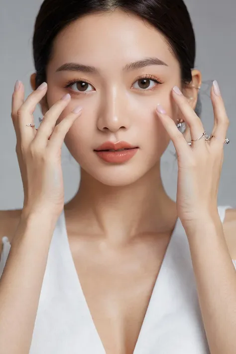 Close-up,Asian female,beauty shot,clear skin,natural makeup,brown eyes,subtle lipstick,earrings,silver rings,white outfit,serene expression,framing face with hands,delicate pose,studio lighting,high-resolution image,neutral background,fashion accessories,manicured nails,skincare advertisement aesthetic,youthful appearance,elegance,simplicity in composition,portrait orientation.