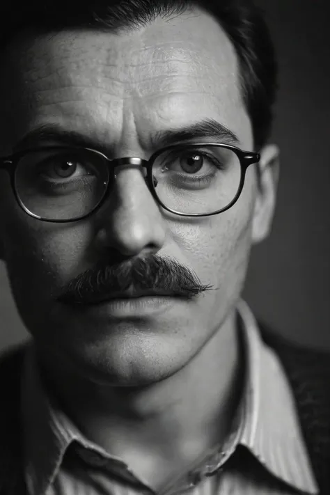 A close-up portrait of a man with moustache and glasses,looking serious into the camera. Black and white,high contrast,reminiscent of the cinematography of Freddie Young