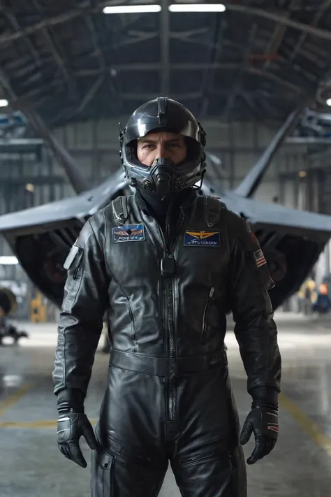 1man,A futuristic military pilot wearing black pilot flight suit,wearing a futuristic pilot helmet with oxygen mask,standing inside a military hanger,futuristic stealth jet fighter in the background,cinematic scenes,cinematic shots,cinematic lighting,volumetric lighting,ultra-detailed,highly detailed,hyper-detailed,realistic,ultra-realistic,hyperrealistic,HD,IMAX,8K resolutions,ultra resolutions,sharp focus,magnificent,best quality,masterpiece.