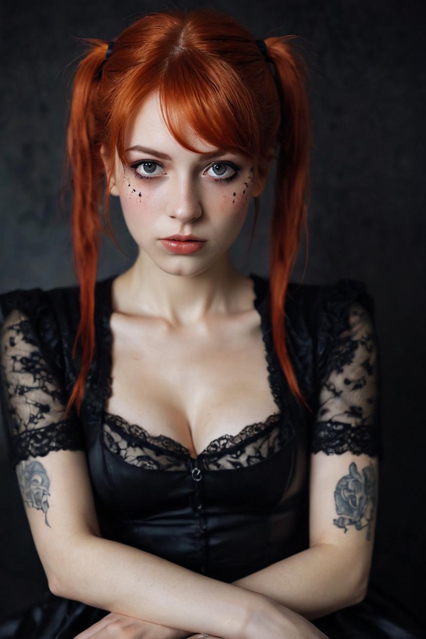 A woman with red hair and tattoos sitting on a chair - SeaArt AI