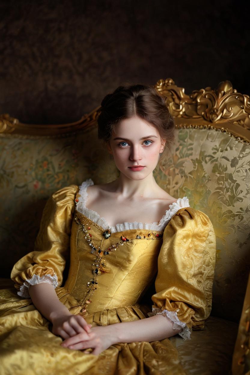 Arafed woman in a yellow dress sitting on a gold couch - SeaArt AI