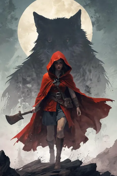 ethereal fantasy concept art of Red Riding Hood,defiant,WWII resistance poster,axe held high,tattered red cloak,wolf silhouette,gritty textures . magnificent, celestial, ethereal, painterly, epic, majestic, magical, fantasy art, cover art, dreamy