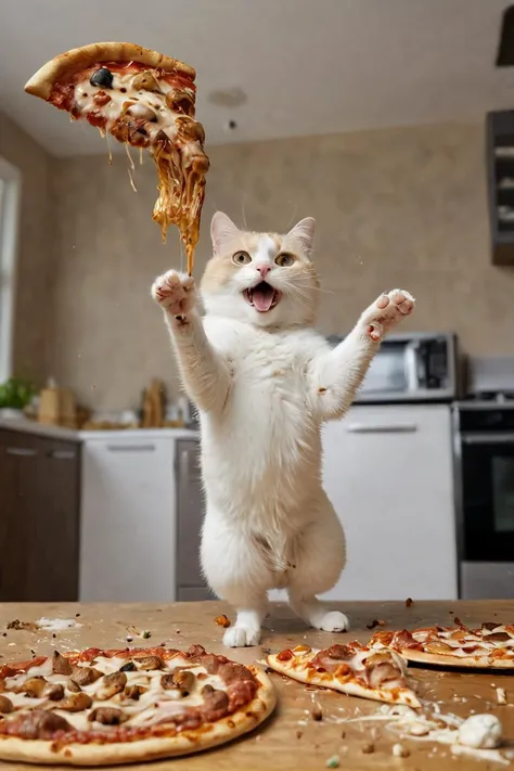breathtaking a hyper realistic picture of a cat making a mess out of the kitchen,pizza flying everywhere . award-winning, professional, highly detailed
