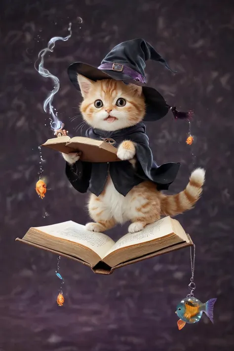 amazing quality,masterpiece,best quality,hyper detailed,ultra detailed,UHD,perfect anatomy,magic world,
(kitten and fish:1.4),fish in the air,spell magic to get fresh fish as food,( fish jumping from magic book:1.3),energy flow,
a full body of a cute kitten,kawaii,wearing witches robe,witches hat,holding magic book,magic book on one hand,spell magic