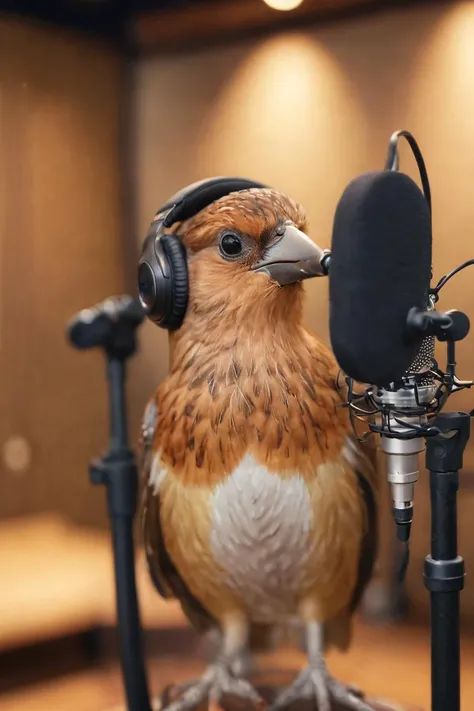 cinematic photo A photograph of a bird wearing headphones and speaking into a high-end microphone in a recording studio . 35mm photograph, film, bokeh, professional, 4k, highly detailed