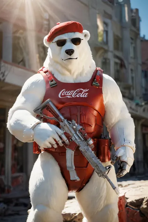 portrait,surrealistic,(bokeh:1.1),dof,awe-inspiring,majestic,overwhelming,humanoid polar-bear wearing (red coca-cola-military:1.1) metal sci-fi bulky (mecha armour:1.3) and sunglasses with (red beret:1.05) is holding a big (white rifle:1.35),harsh shadows,(sun rays:1.1)