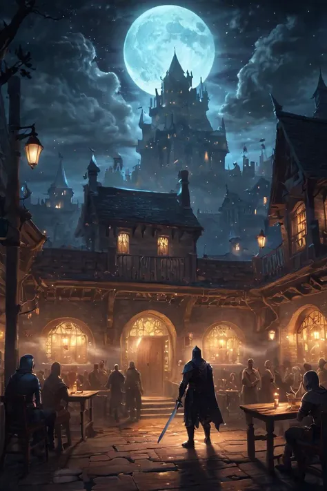ethereal fantasy concept art of an cinematic shot of a soul knight,soul particals around the knight,fantasy tavern in background,night,HD,masterpiece,best quality,hyper detailed,ultra detailed,super realistic . magnificent, celestial, ethereal, painterly, epic, majestic, magical, fantasy art, cover art, dreamy