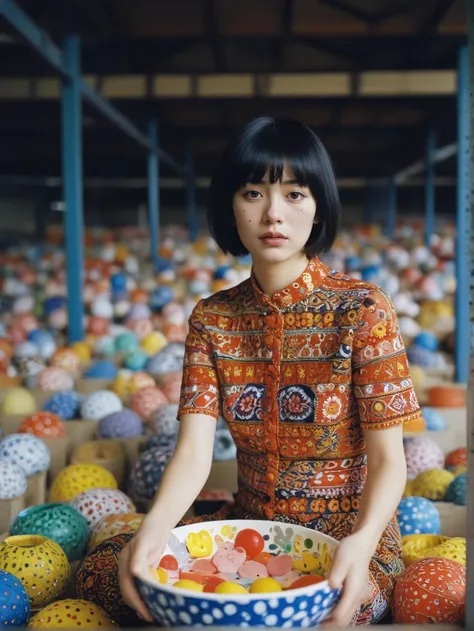 art by Yayoi Kusama, Fashion photography of a Indonesian supermodel, wearing Battenberg Lace and Jacquard fashion outfit, Colored hair styled as Bowl cut, inside a Warehouse, Cinematic, Fujicolor Superia X-TRA 400, Depth of field 270mm