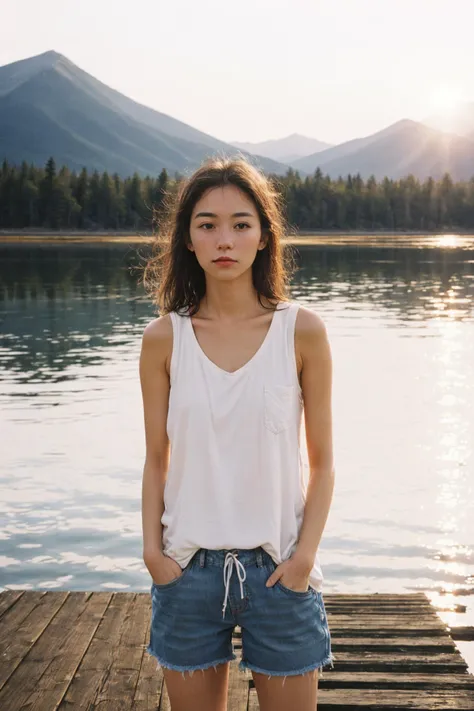 <lora:FilmGX2:0.6>, young woman stands on a weathered wooden dock extending over a still mountain lake at dusk. Dressed in cutoff denim shorts and a loose white tank top, she gazes pensively over the glassy waters with hands in her pockets. Her long honey-blonde hair glows in the golden light of the setting sun. A sense of peace and solitude pervades this high alpine scene at day's end as the sky fades into pastel hues and the loons begin their plaintive calls