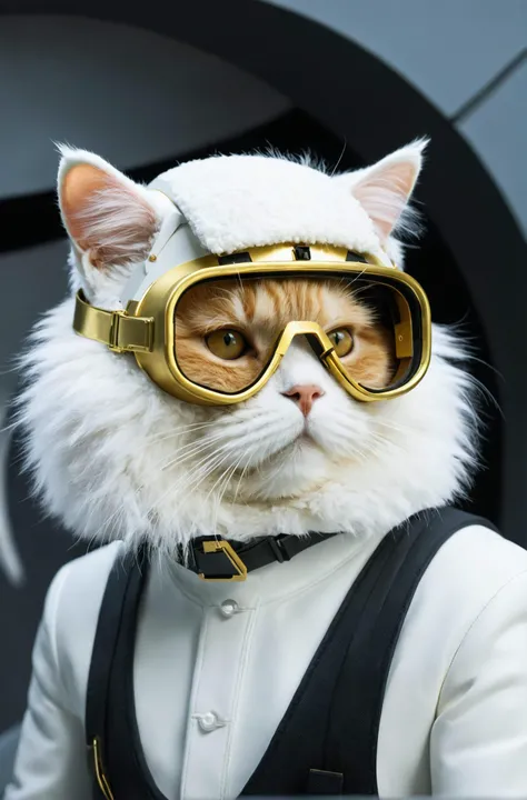 future technology,science fiction,streamlined construction,internal integrated circuit,driver's helmet,cat, (cat face),white fur, short fur, gold-rimmed glasses, audience-oriented,whiskers, cool