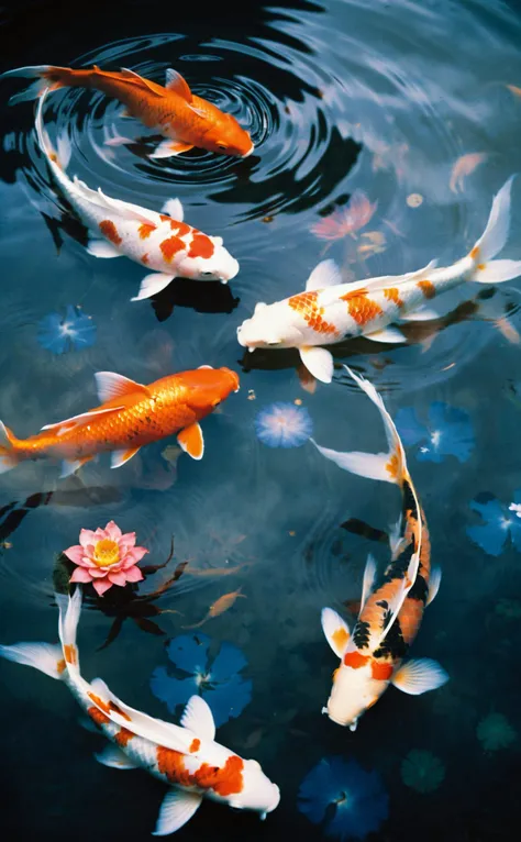 film photography aesthetic,Artistic painting depicting koi fish, swirling water conveying motion, cloudy ethereal background with soft transitions, palette of cool blues and warm oranges, hues of white and red on fish scales creating contrast, floral element introduced by reddish bloom in the upper-right corner, traditional Asian aesthetic with a dreamlike atmosphere, interplay of light and shadow suggesting depth, focus on harmony and balance within composition, representation of serenity and natural beauty.,Vibrant,whimsical