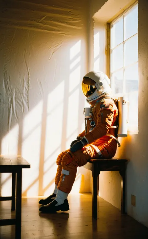 film photography aesthetic,Astronaut sits in solitude, bathed in warm sunlight cascading through a nearby window, vivid orange space suit contrasts the rustic, shadow-draped interior, reflective visor obscures face, imparting anonymity, an air of contemplation evoked as the astronaut gazes at an unseen distance, a simple white mug rests on a modest wooden table beside, crisp morning light accentuates textures of the wall and space suit fabric, a poignant blend of the mundane and the extraordinary, a serene yet stark tableau reminiscent of a quiet moment before an epic venture.,Vibrant,whimsical